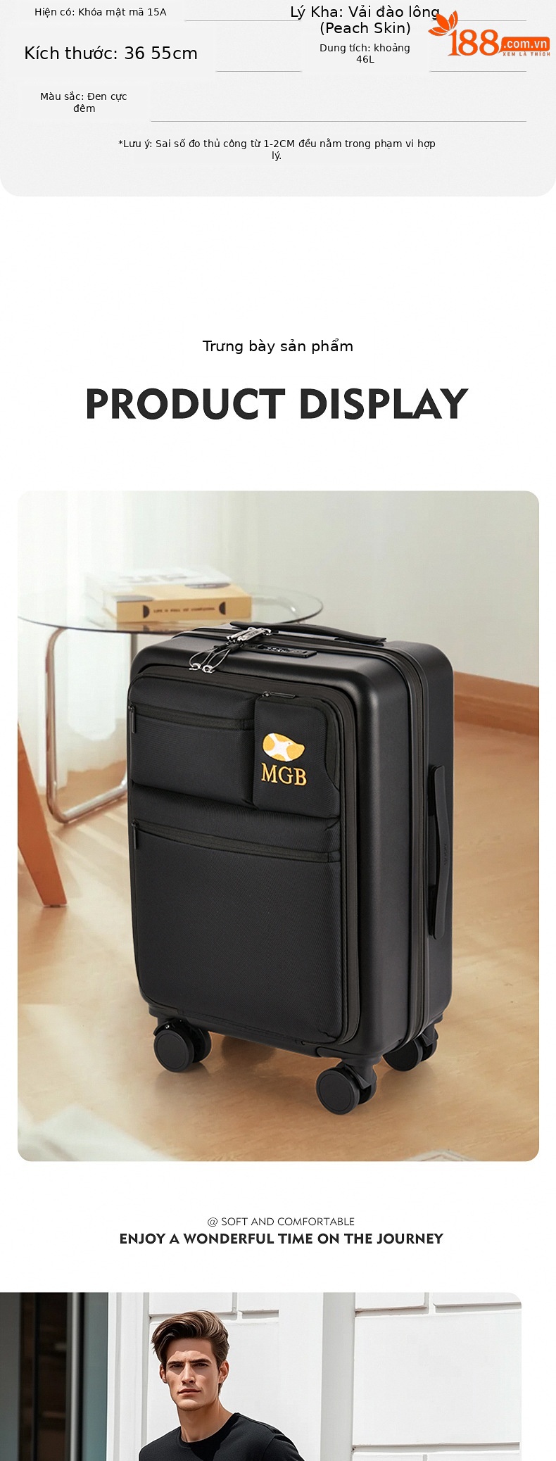 Bộ 3 vali vải Oxford chịu mài mòn, chống sốc, phù hợp công tác — Túi đựng xe đẩy màu đen chi tiết 7