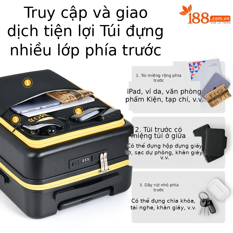 Vali du lịch mở rộng siêu nhẹ 20 inch bánh xe đa hướng — Túi xe đẩy màu vàng