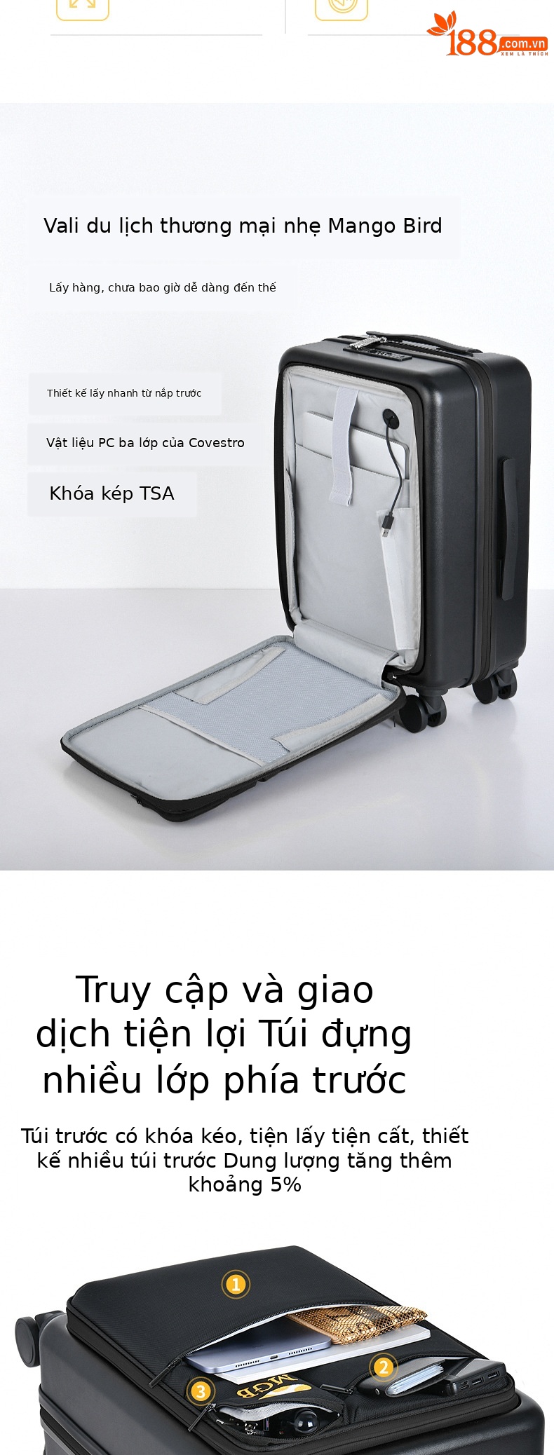 Vali du lịch mở rộng siêu nhẹ 20 inch bánh xe đa hướng — Túi xe đẩy màu vàng chi tiết 2