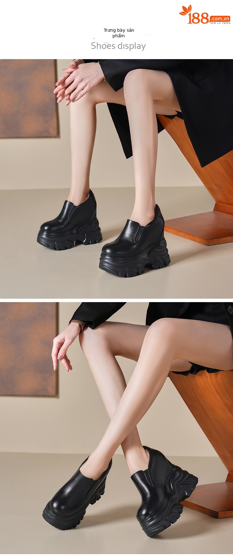 Giày cao gót nữ đế xuồng platform da thật, gót 14 cm tăng chiều cao — Màu đen chi tiết 1
