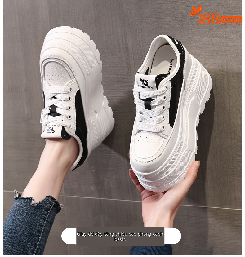 Giày sneaker nữ đế dày tăng chiều cao phong cách đơn giản — Đen trắng chi tiết 1