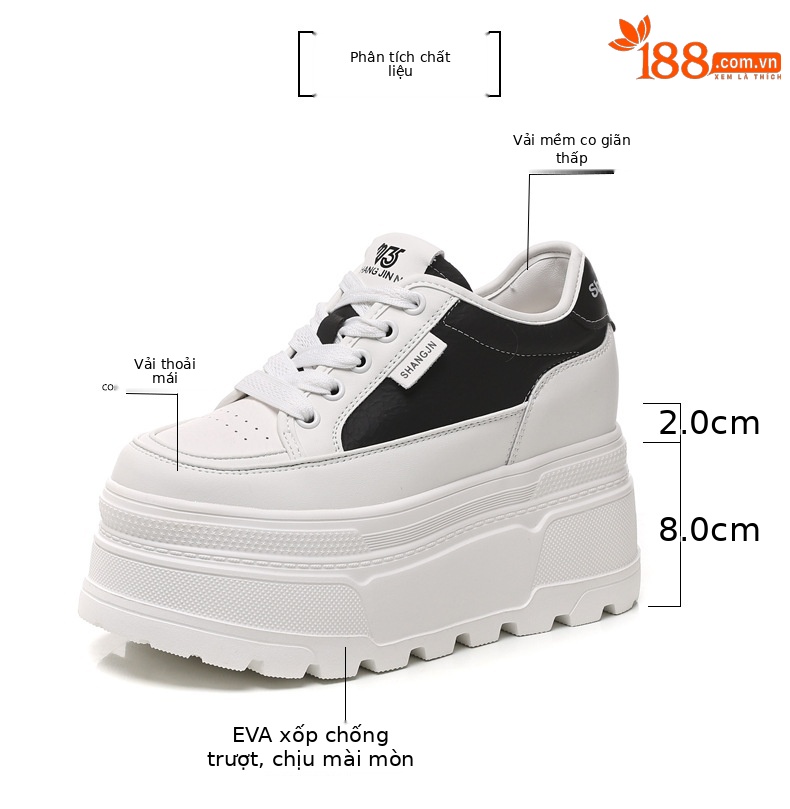 Giày sneaker nữ đế dày tăng chiều cao phong cách đơn giản — Đen trắng chi tiết 3