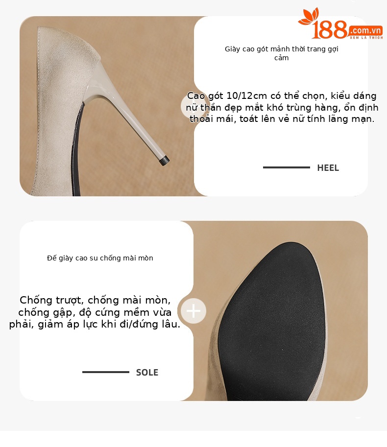 Giày cao gót nữ mũi nhọn da lộn gót siêu cao 12 cm — Đen-12cm chi tiết 3