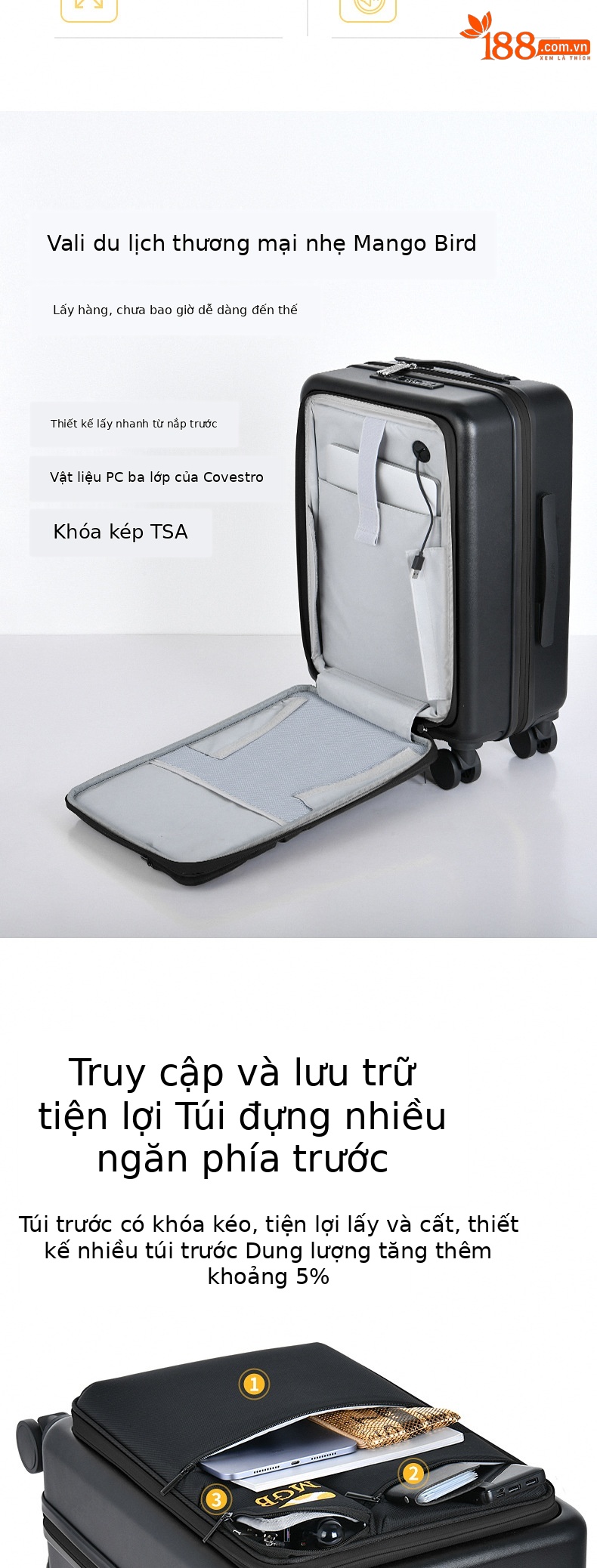 Vali vải Oxford siêu nhẹ mở rộng chịu mài mòn, size cabin 20 inch — Túi đựng xe đẩy màu bạc chi tiết 2