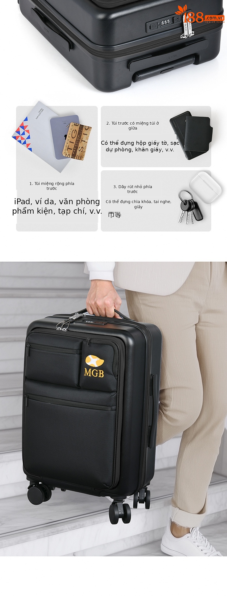 Vali vải Oxford siêu nhẹ mở rộng chịu mài mòn, size cabin 20 inch — Túi đựng xe đẩy màu bạc chi tiết 3