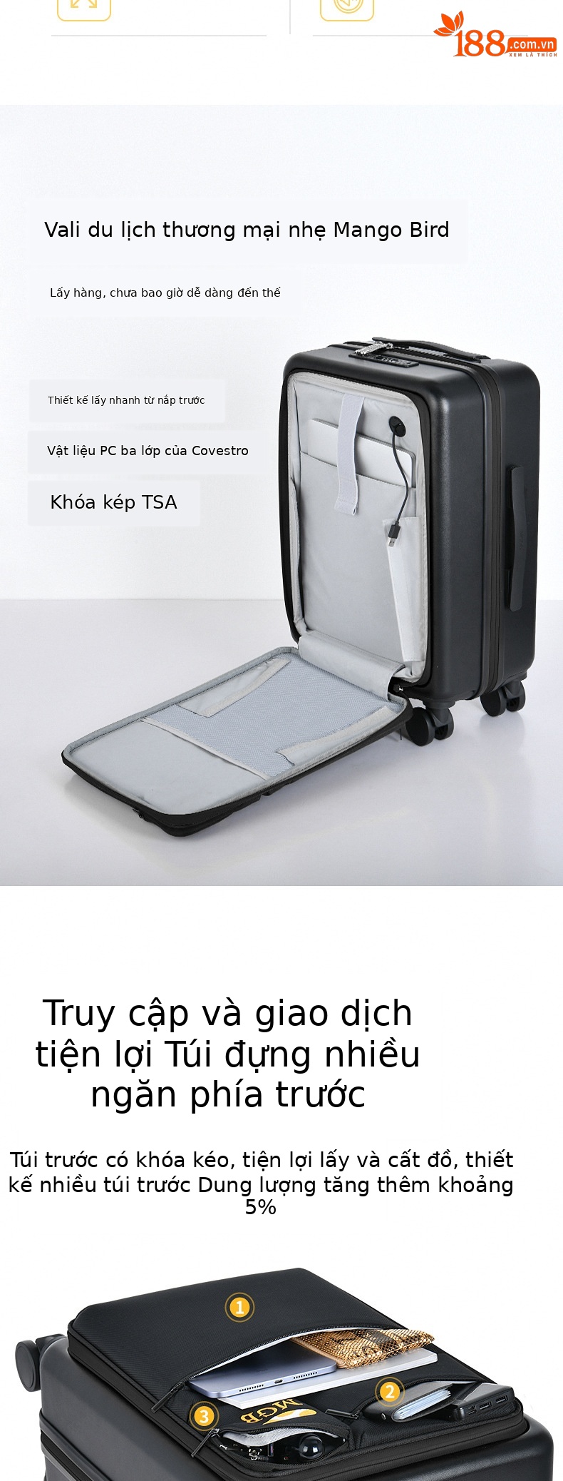 Vali vải Oxford chống nước MGB kéo tay du lịch công sở 20 inch — Túi đựng xe đẩy màu đen chi tiết 2