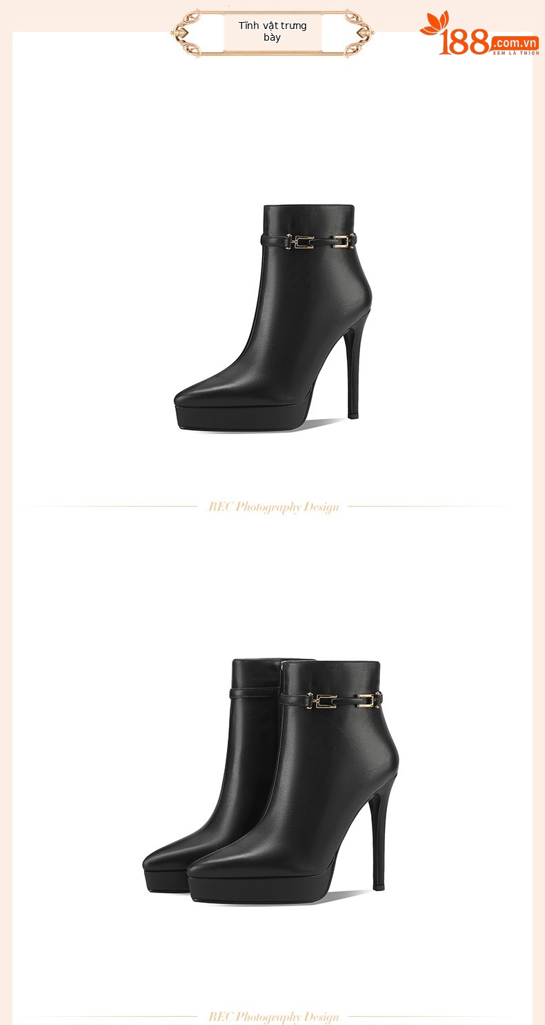 Boot nữ da bò mũi nhọn gót siêu cao 12 cm đế chống nước phong cách sàn catwalk — Màu mơ 12 cm (lông cừu) chi tiết 8