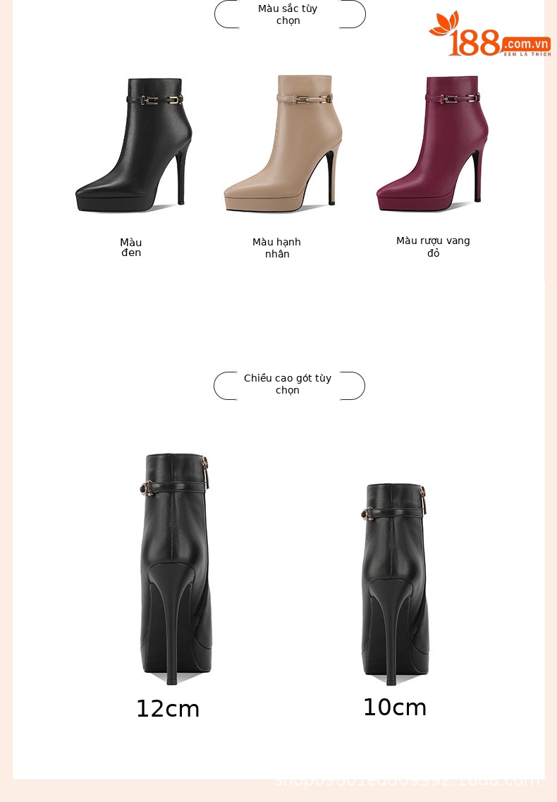 Boot nữ da bò mũi nhọn gót siêu cao 12 cm đế chống nước phong cách sàn catwalk — Màu mơ 12 cm (lông cừu) chi tiết 1