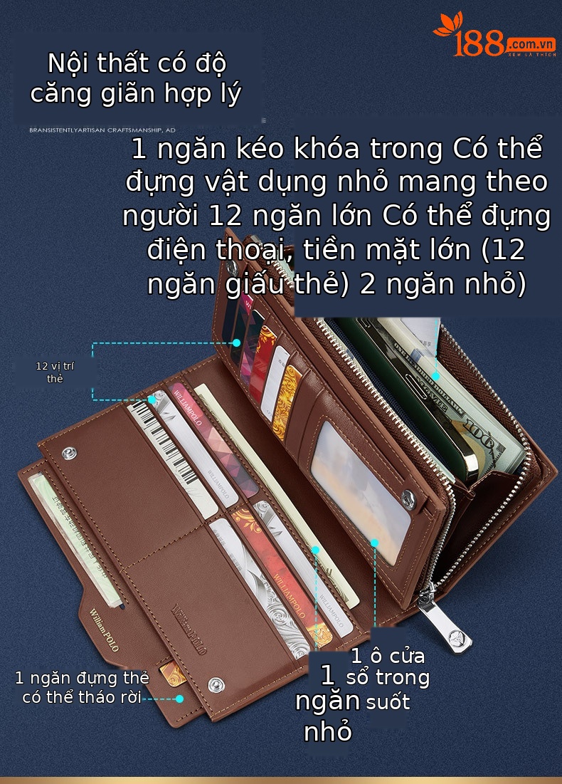 Ví dài nam da bò thật cao cấp Emperor Paul nhiều khe thẻ cầm tay công sở chi tiết 6