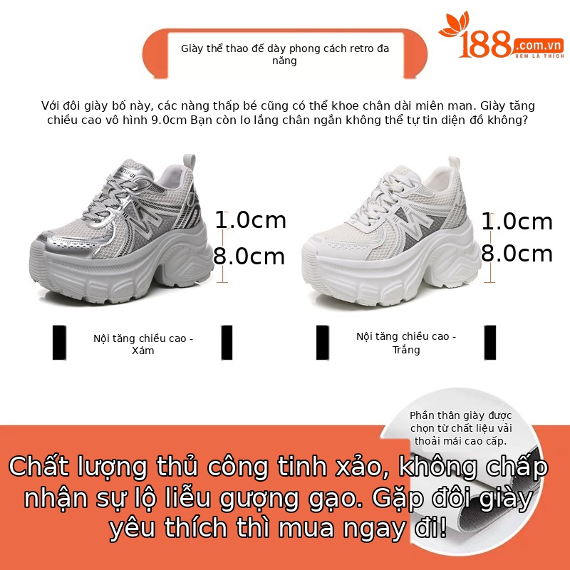 Giày thể thao nữ đế dày tăng chiều cao lưới thoáng khí phong cách chunky — Màu trắng