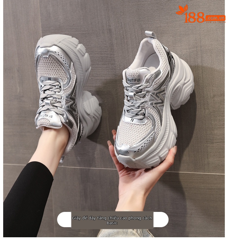 Giày thể thao nữ đế dày tăng chiều cao lưới thoáng khí phong cách chunky — Màu trắng chi tiết 1