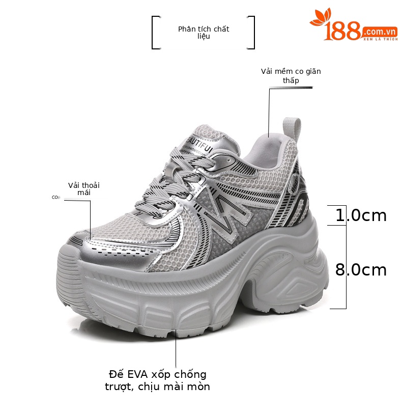Giày thể thao nữ đế dày tăng chiều cao lưới thoáng khí phong cách chunky — Màu trắng chi tiết 3