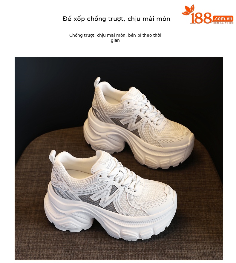 Giày thể thao nữ đế dày tăng chiều cao lưới thoáng khí phong cách chunky — Màu trắng chi tiết 10