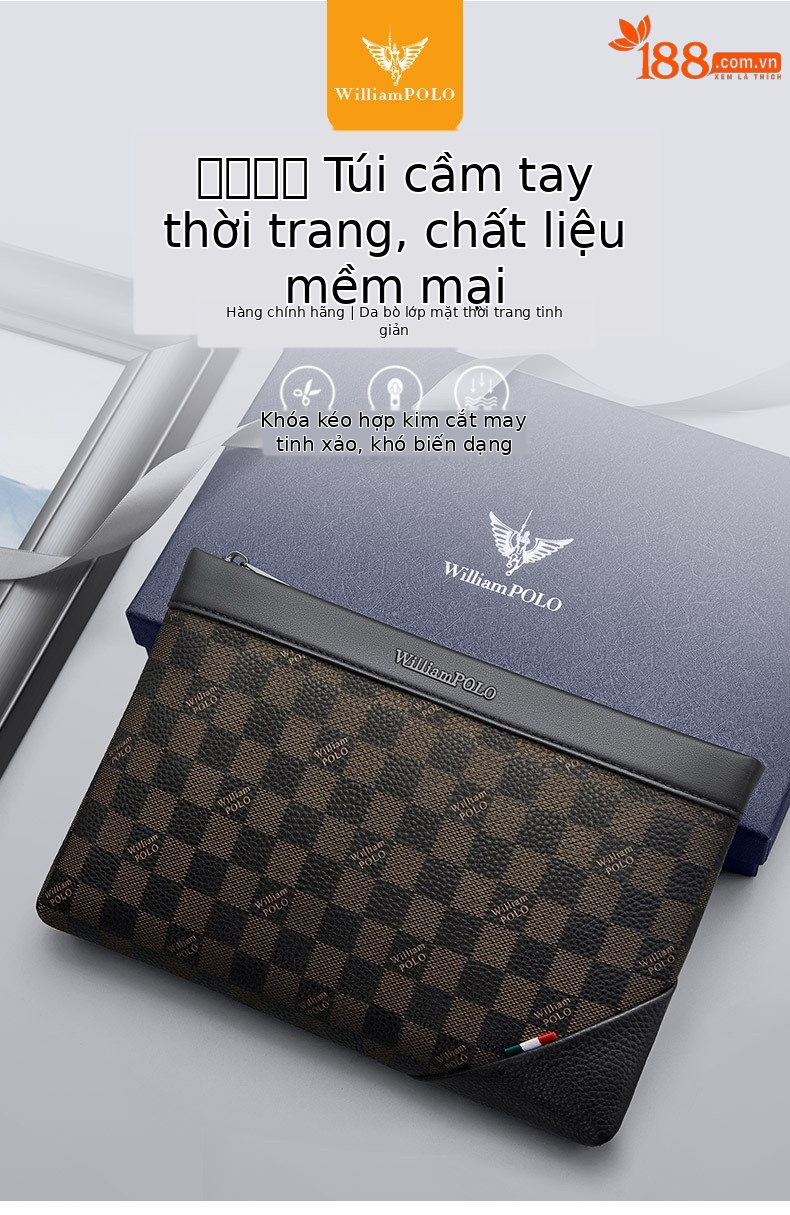 Túi cầm tay nam da thật Emperor Paul phong bì kẻ caro cao cấp chống trộm chi tiết 1