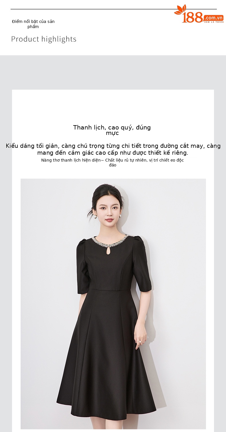 Váy đầm dạ hội đính kim cương cổ tròn thắt eo nữ — Màu đen chi tiết 4