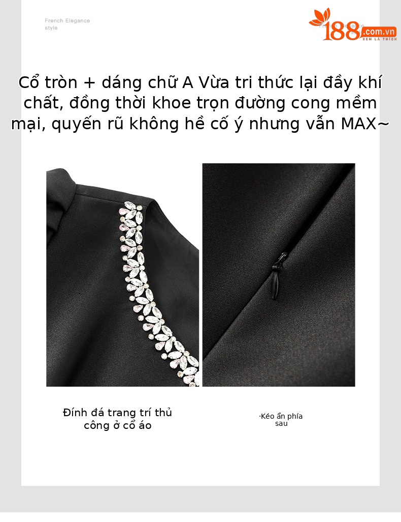 Váy đầm dạ hội đính kim cương cổ tròn thắt eo nữ — Màu đen chi tiết 5