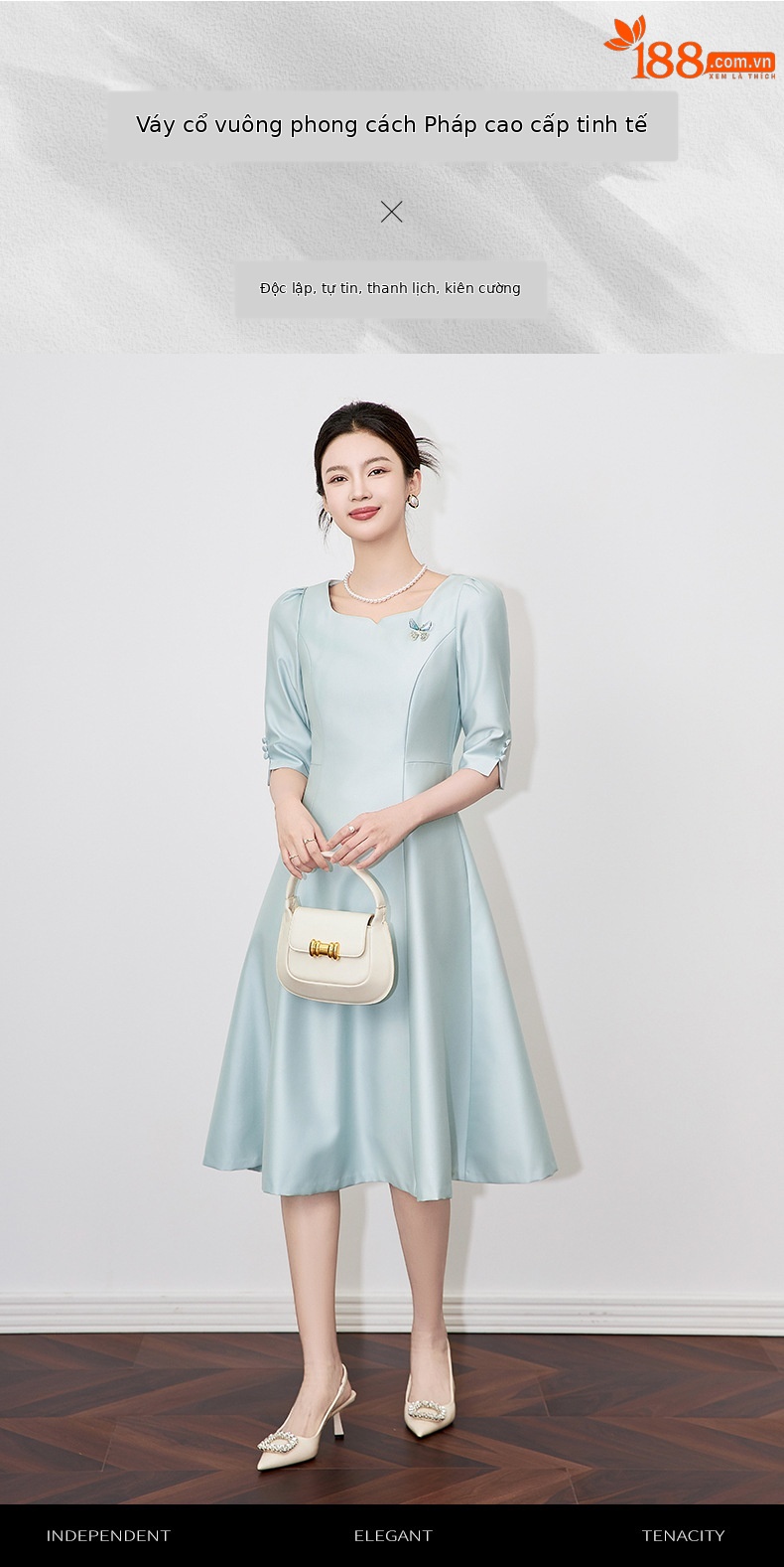 Váy liền nữ cổ vuông cao cấp phong cách Pháp sang trọng — Màu hồng chi tiết 1
