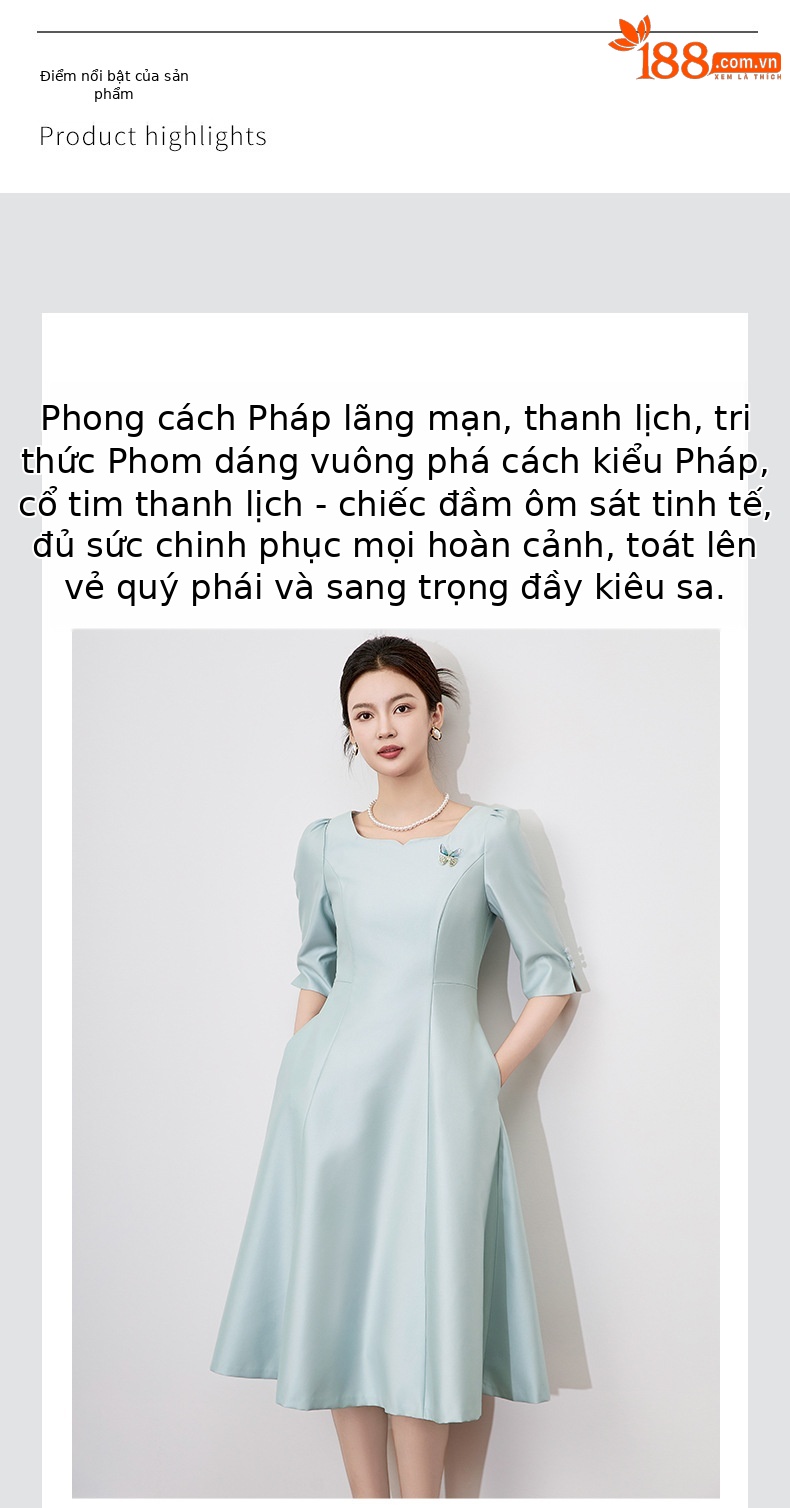 Váy liền nữ cổ vuông cao cấp phong cách Pháp sang trọng — Màu hồng chi tiết 4