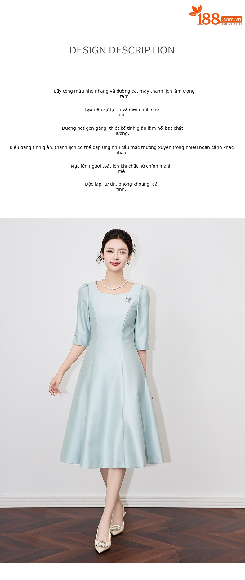 Váy liền nữ cổ vuông cao cấp phong cách Pháp sang trọng — Màu hồng chi tiết 2
