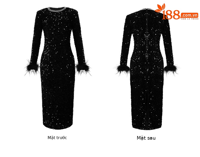 Đầm ôm body nữ phong cách Pháp đính kim cương giả cổ tròn — nâu chi tiết 4