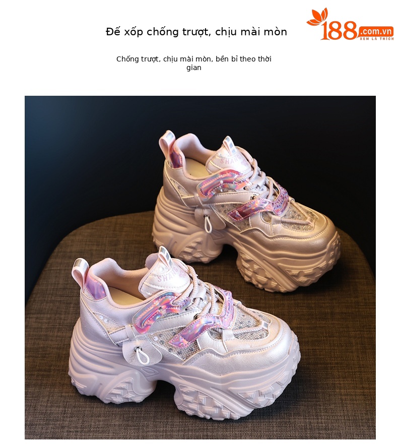 Giày sneaker nữ đế dày tăng chiều cao bên trong, đế bánh xốp mềm mại — Lưới đôi màu hồng nude chi tiết 10