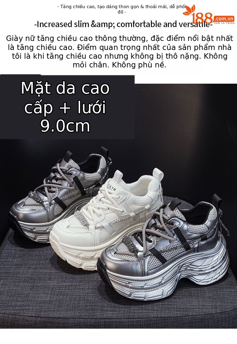 Giày sneaker nữ chunky đế dày phong cách Hàn Quốc, đính đá thời trang, phù hợp người thấp bé — M2803 màu xám, M2803 màu be chi tiết 2