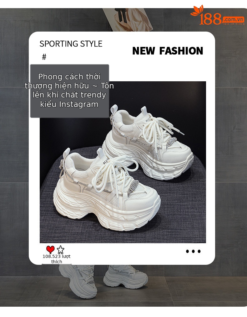 Giày sneaker nữ chunky đế dày phong cách Hàn Quốc, đính đá thời trang, phù hợp người thấp bé — M2803 màu xám, M2803 màu be chi tiết 3