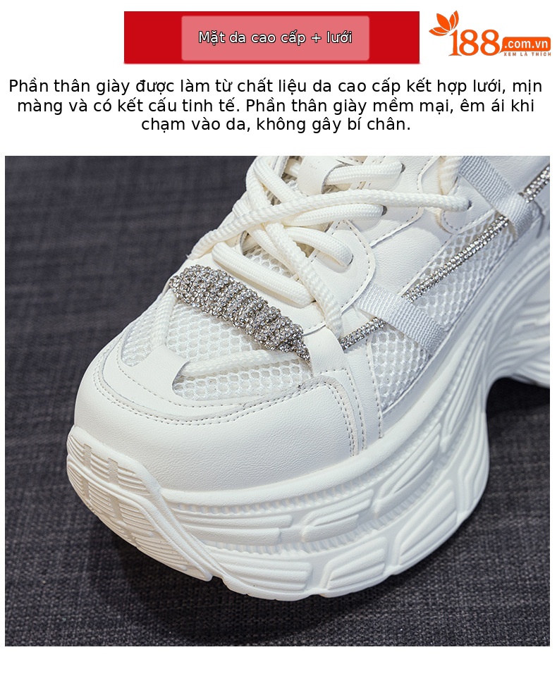Giày sneaker nữ chunky đế dày phong cách Hàn Quốc, đính đá thời trang, phù hợp người thấp bé — M2803 màu xám, M2803 màu be chi tiết 7