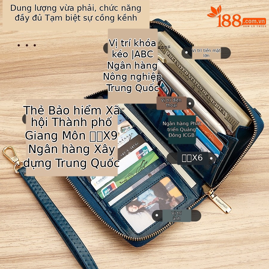 Ví cầm tay nữ da thật dáng dài cổ điển dung tích lớn đeo chéo