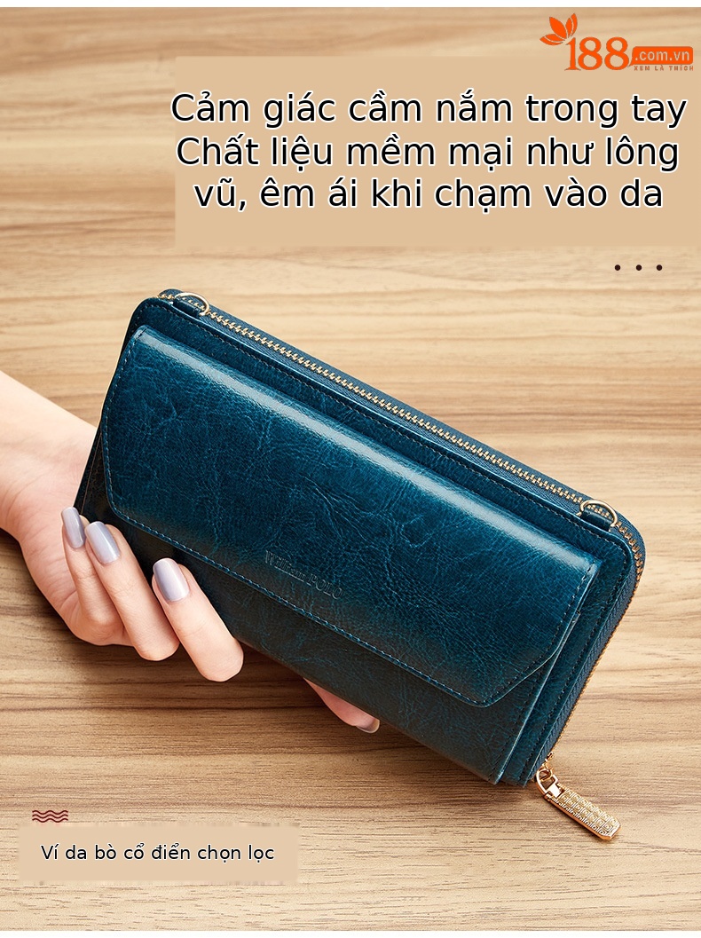 Ví cầm tay nữ da thật dáng dài cổ điển dung tích lớn đeo chéo chi tiết 5