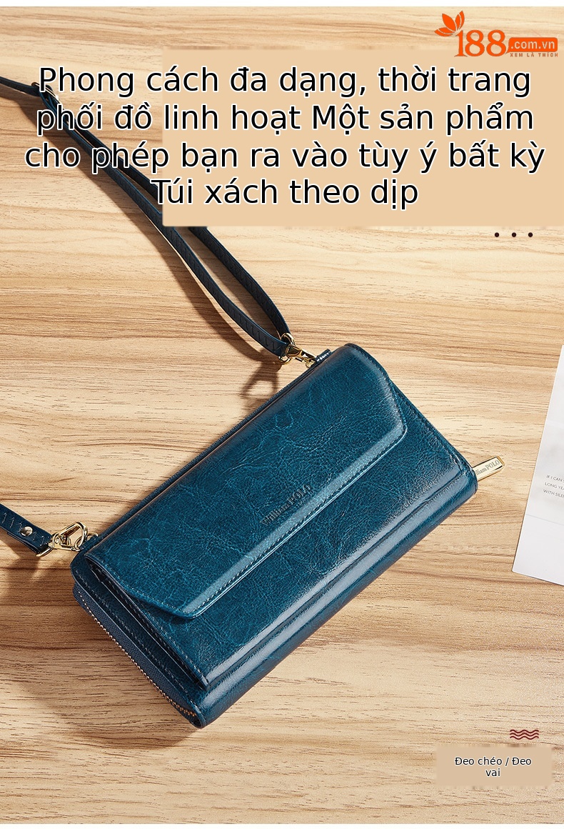 Ví cầm tay nữ da thật dáng dài cổ điển dung tích lớn đeo chéo chi tiết 9