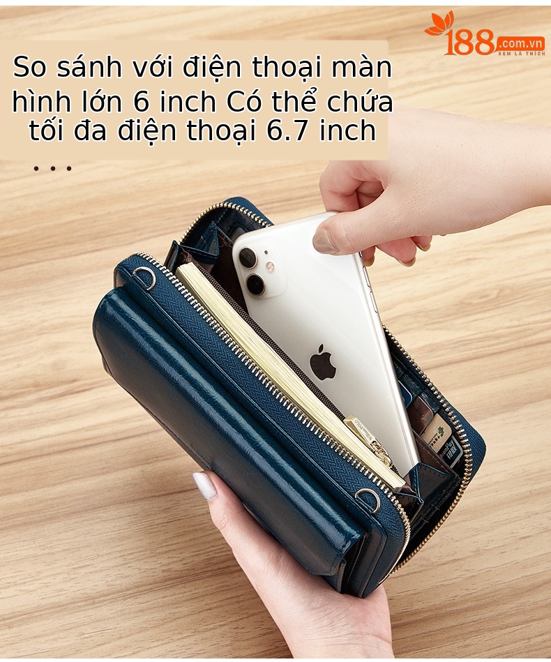 Ví cầm tay nữ da thật dáng dài cổ điển dung tích lớn đeo chéo chi tiết 12