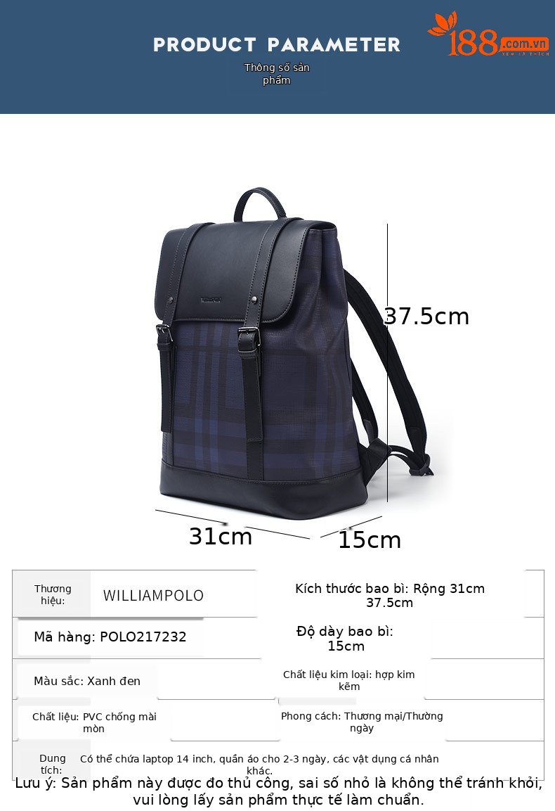 Balo nam công sở Emperor Paul họa tiết kẻ sọc cổ điển phong cách Anh, có ngăn laptop chi tiết 9