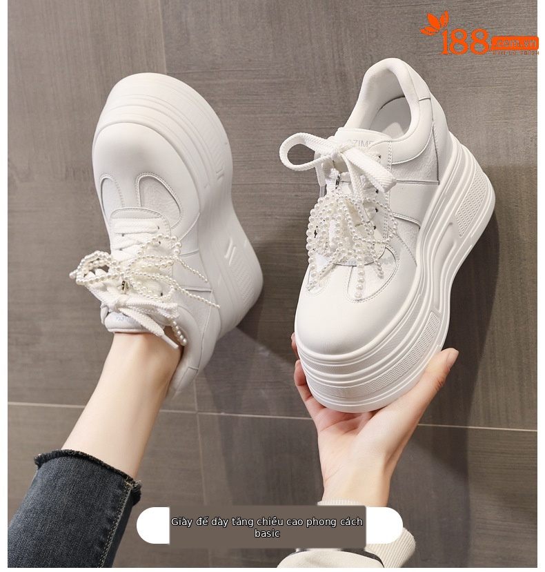 Giày sneaker nữ đế dày phối ngọc trai thời trang, độn cao bên trong — Màu xám trắng chi tiết 1
