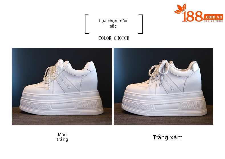 Giày sneaker nữ đế dày phối ngọc trai thời trang, độn cao bên trong — Màu xám trắng chi tiết 2