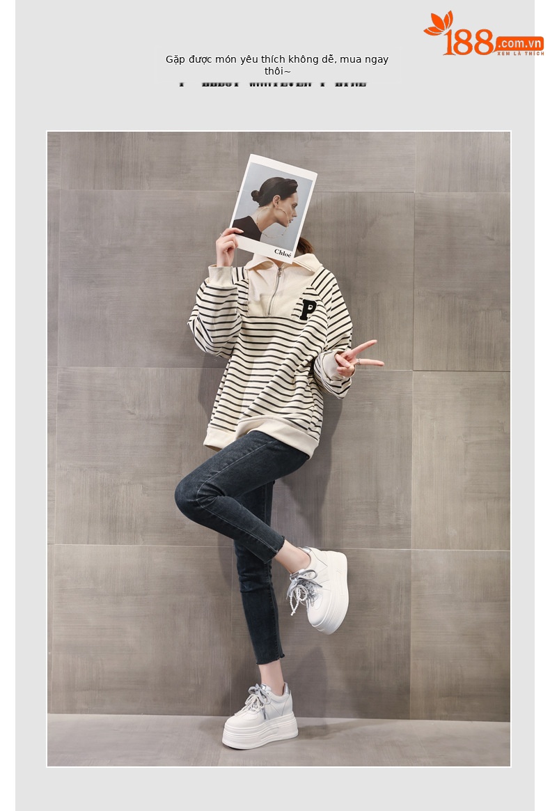 Giày sneaker nữ đế dày phối ngọc trai thời trang, độn cao bên trong — Màu xám trắng chi tiết 6