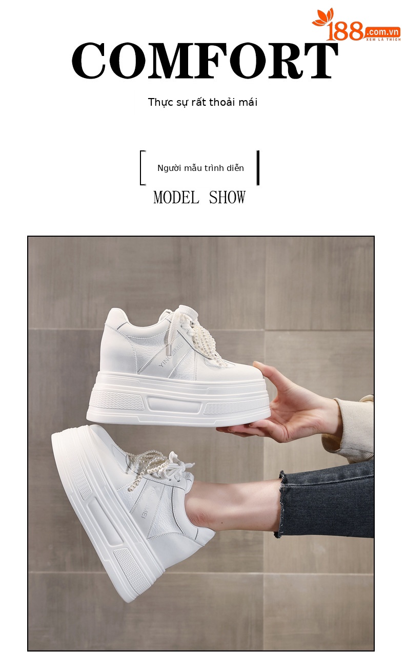 Giày sneaker nữ đế dày phối ngọc trai thời trang, độn cao bên trong — Màu xám trắng chi tiết 11