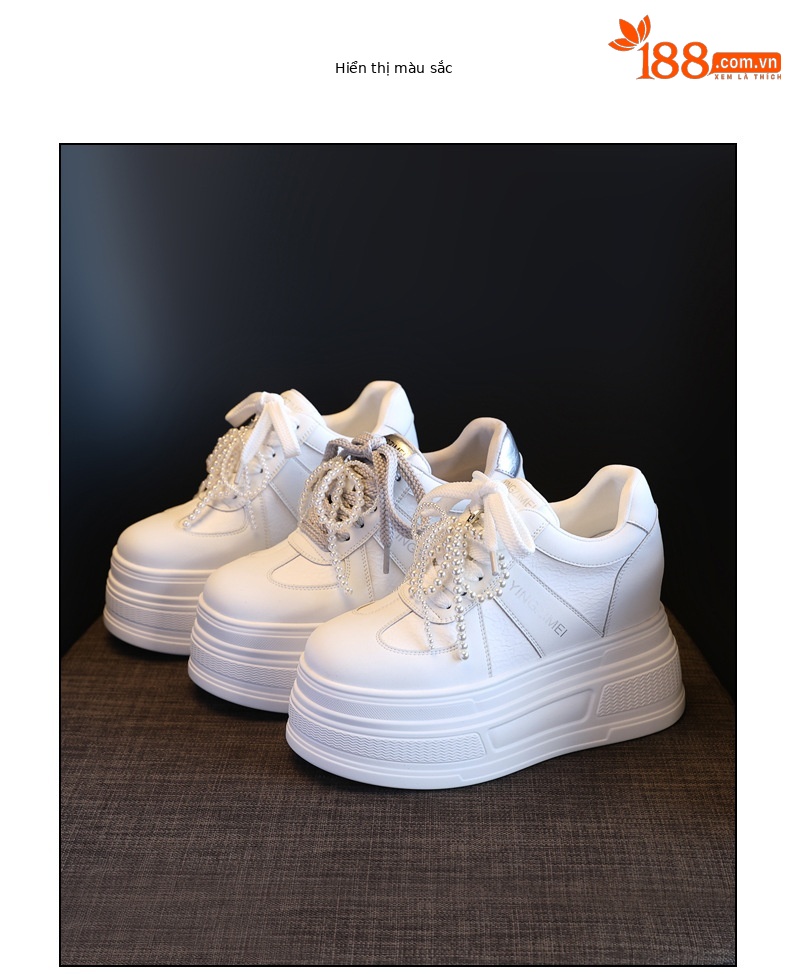 Giày sneaker nữ đế dày phối ngọc trai thời trang, độn cao bên trong — Màu xám trắng chi tiết 18