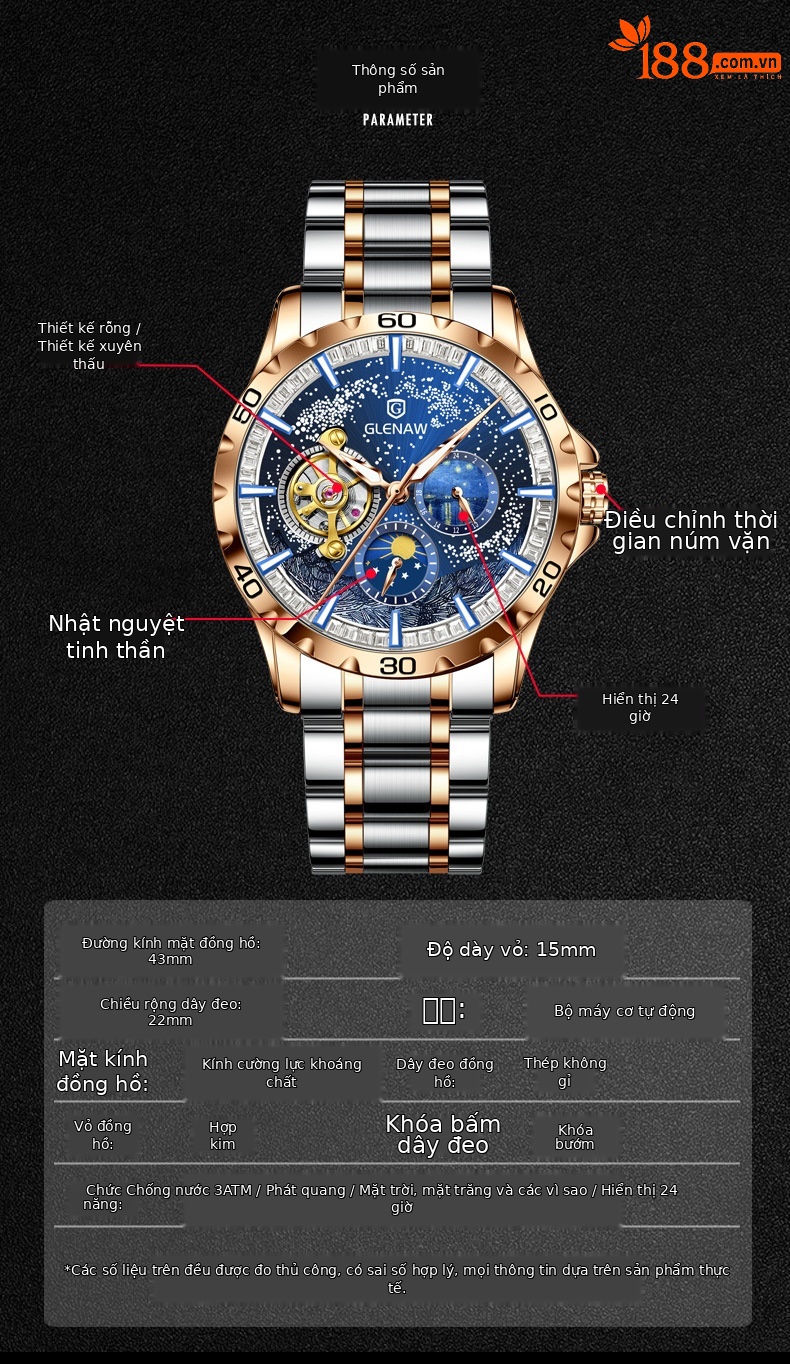 Đồng hồ nam tự động phát sáng Glenn Star Sea 8957 chi tiết 6