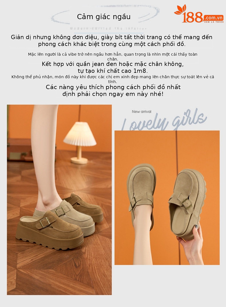 Dép sandal nữ đế platform da bò thật phong cách Birkenstock — Lạc đà, Mơ chi tiết 4