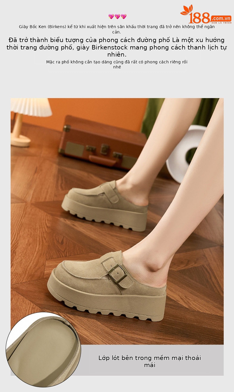 Dép sandal nữ đế platform da bò thật phong cách Birkenstock — Lạc đà, Mơ chi tiết 5
