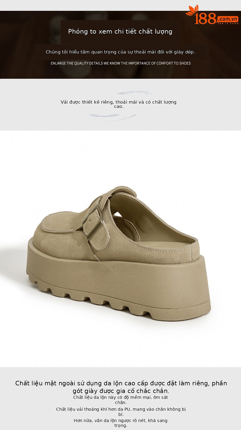 Dép sandal nữ đế platform da bò thật phong cách Birkenstock — Lạc đà, Mơ chi tiết 6