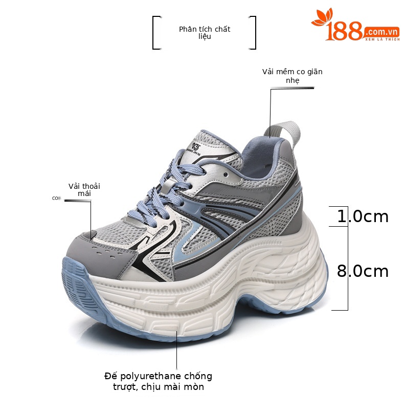Giày sneaker nữ đế dày chunky lưới thoáng khí tăng chiều cao — màu xanh chi tiết 3