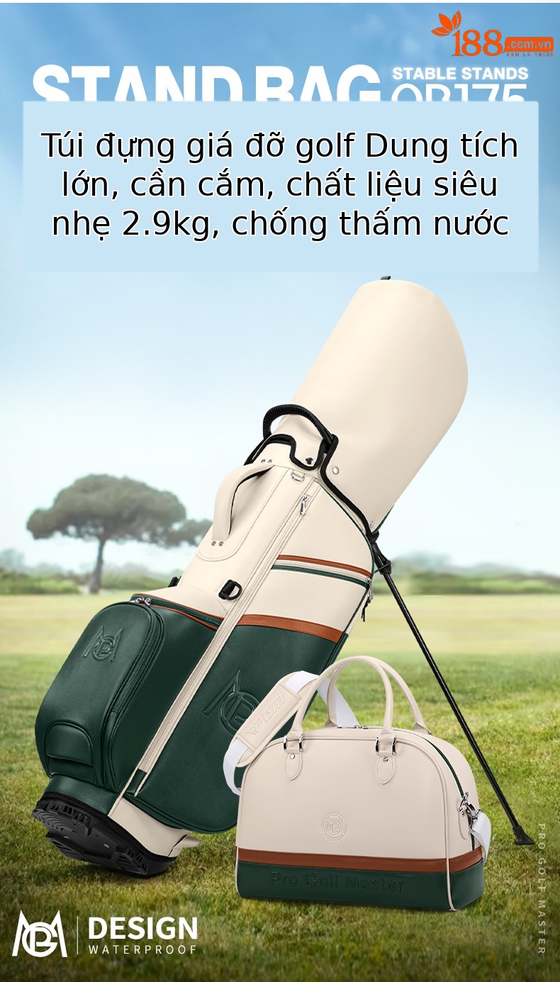 Túi đựng gậy golf PGM nữ có chân đỡ, đeo vai, chất liệu sợi nhỏ chống thấm — QB175-be trắng xanh lá nâu chi tiết 2