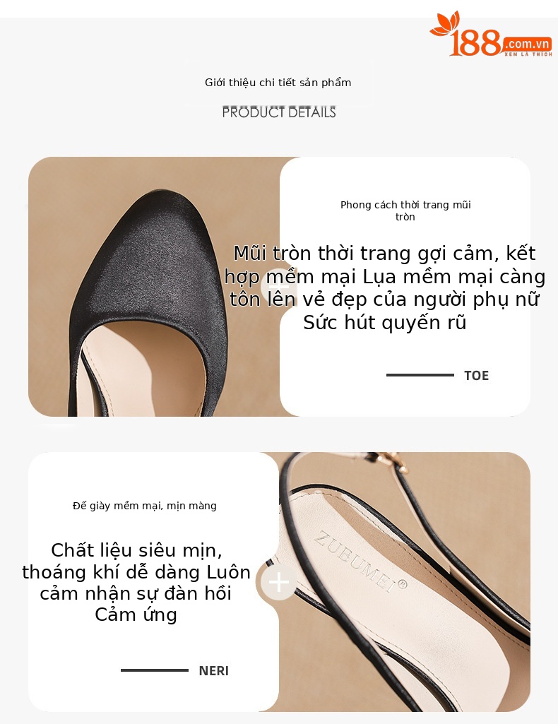 Giày cao gót satin đen mũi nhọn hở gót, gót 12 cm — Satin đen-12cm chi tiết 2