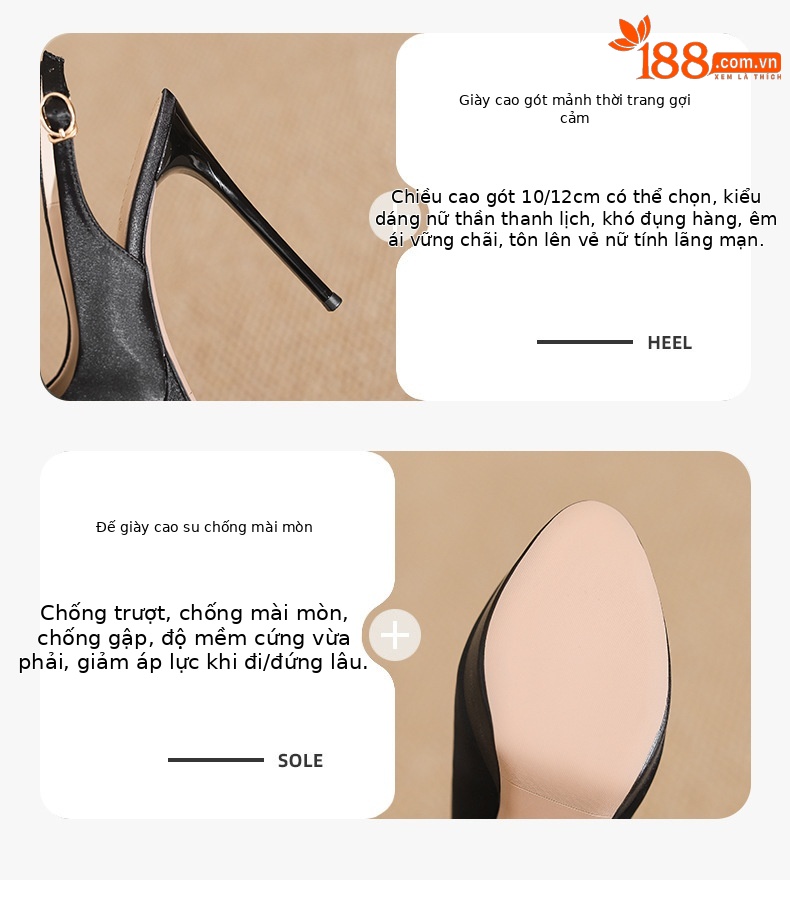 Giày cao gót satin đen mũi nhọn hở gót, gót 12 cm — Satin đen-12cm chi tiết 3