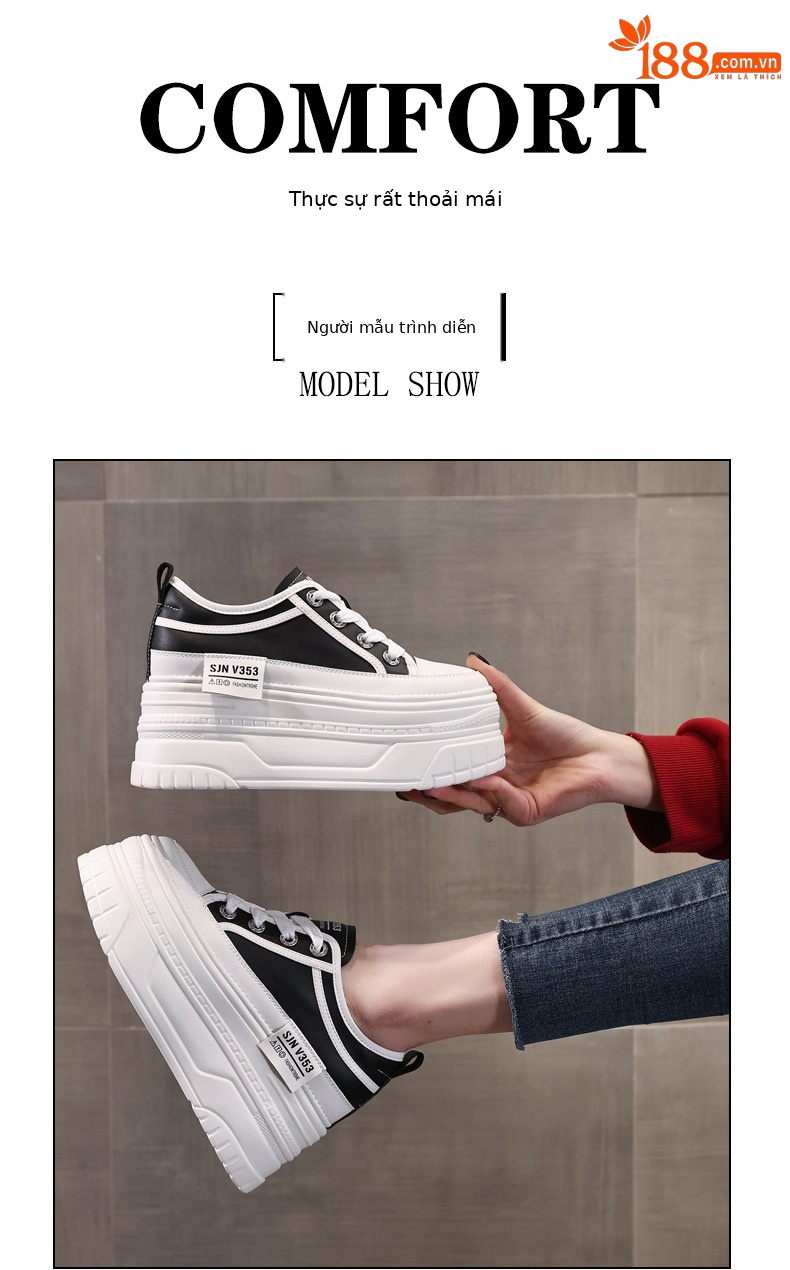 Giày sneaker nữ đế dày bánh xốp trắng phối đế độn cao — Màu đen chi tiết 11