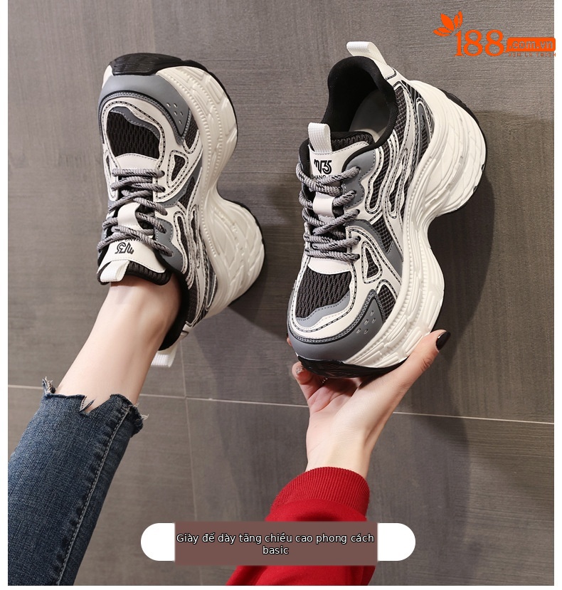 Giày sneaker chunky nữ đế dày lưới thoáng khí tăng chiều cao — Màu trắng chi tiết 1
