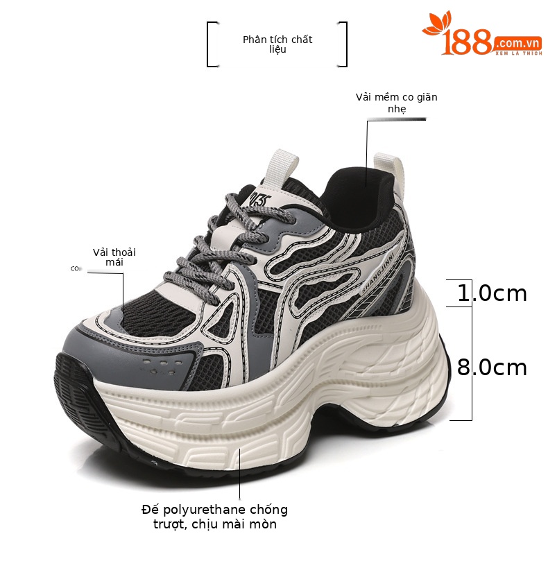 Giày sneaker chunky nữ đế dày lưới thoáng khí tăng chiều cao — Màu trắng chi tiết 3
