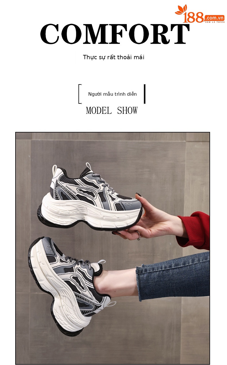Giày sneaker chunky nữ đế dày lưới thoáng khí tăng chiều cao — Màu trắng chi tiết 11